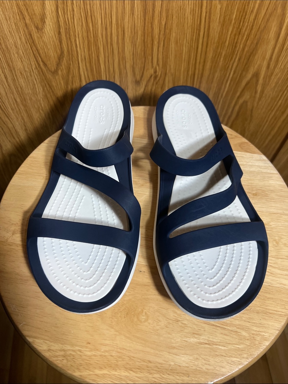 CROCS Women's Navy Blue and White Slide Sandals